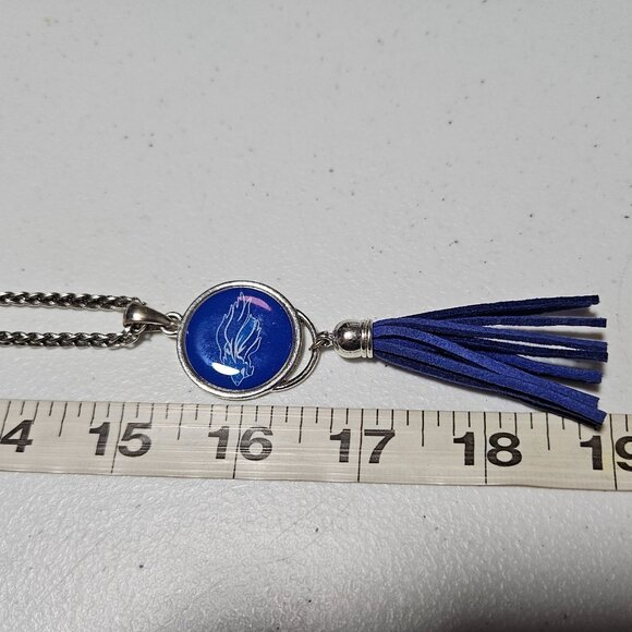 Blue Lion Pendant Necklace Leather Tassel Silver Tone Long Chain Fashion Jewelry - Picture 8 of 8